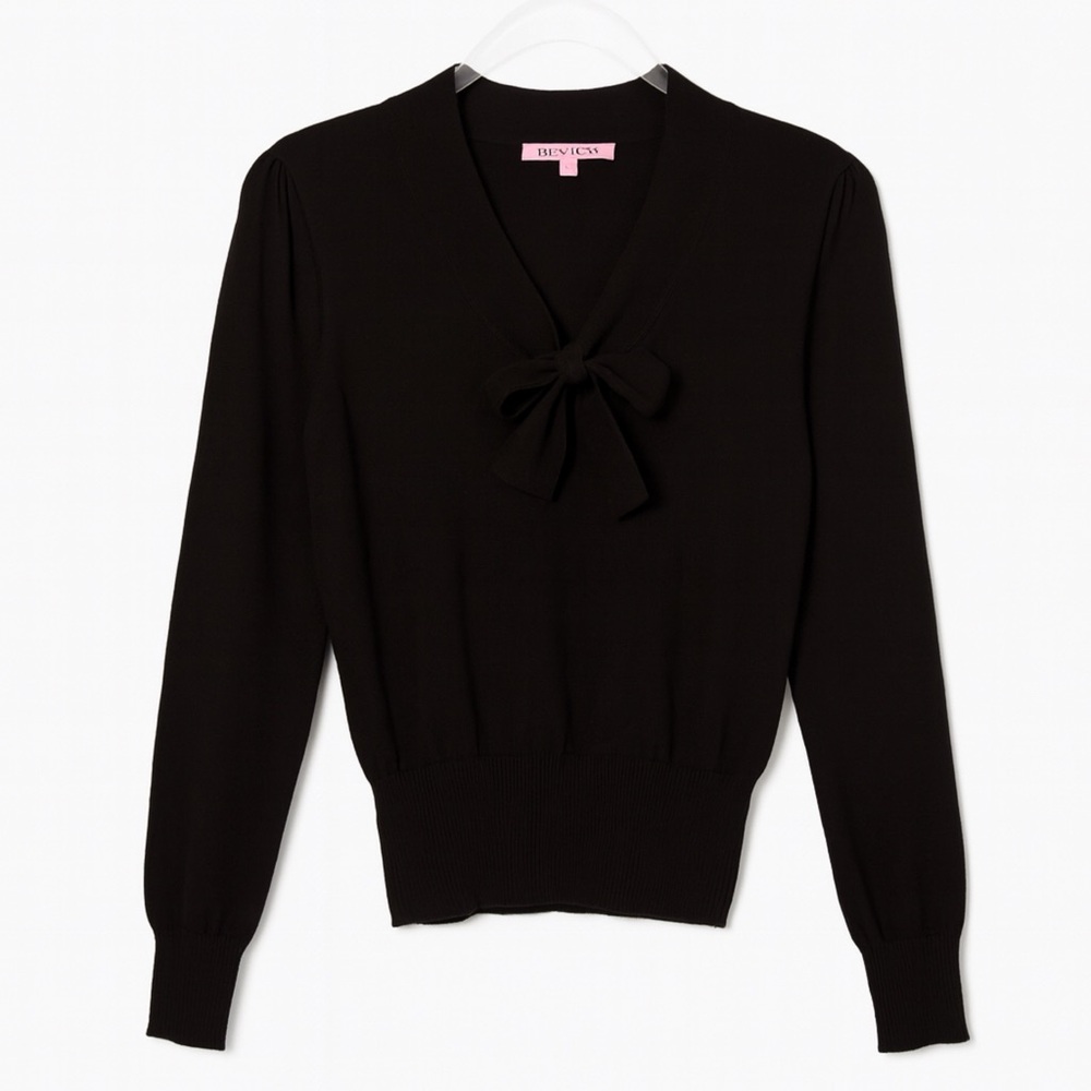 Review Black Tie Neck Thin Knit Sweater Black Long Sleeves Lightweight, Size XS